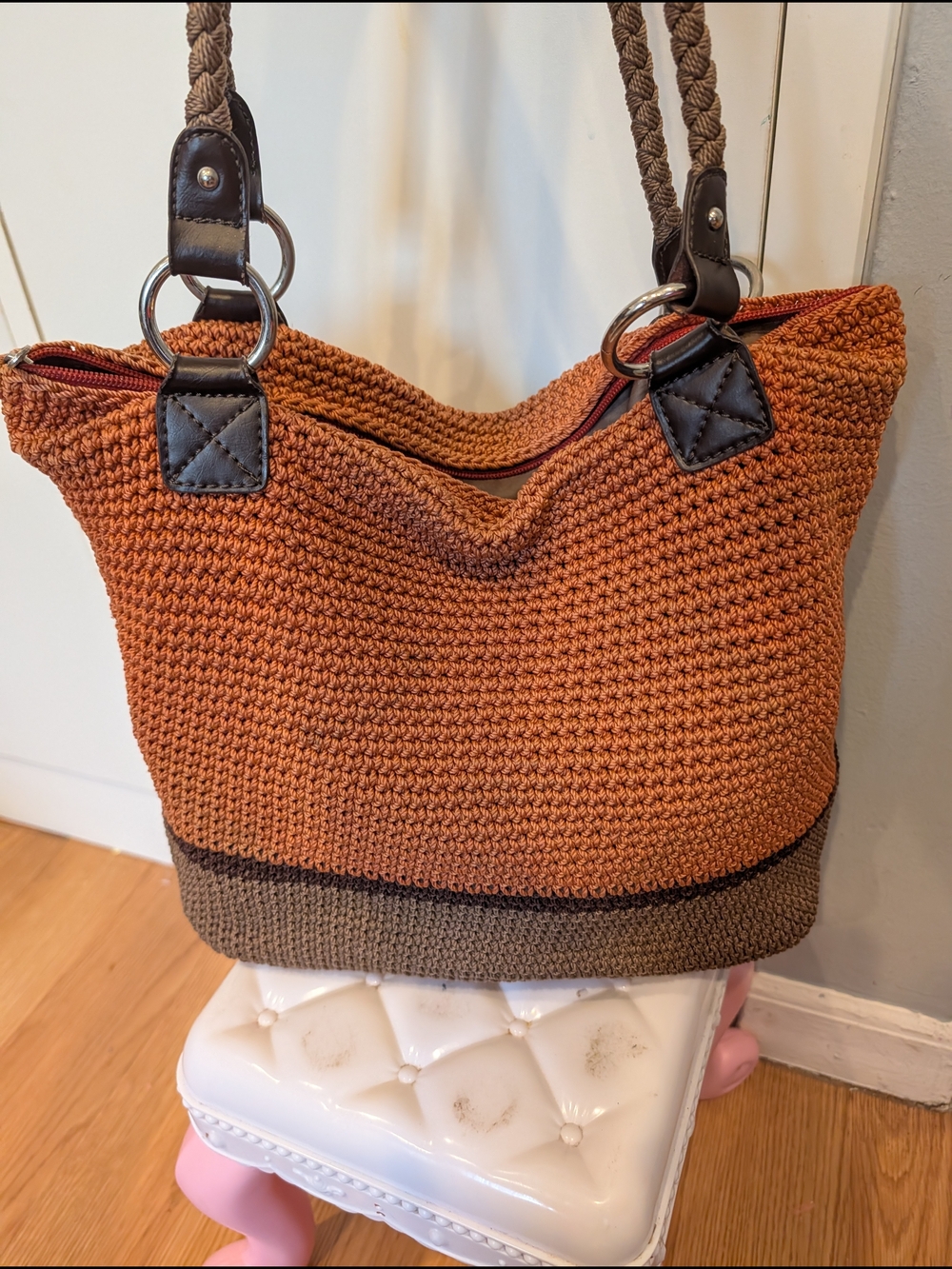 croft & barrow Burnt Orange and Brown Crochet Shoulder Tote